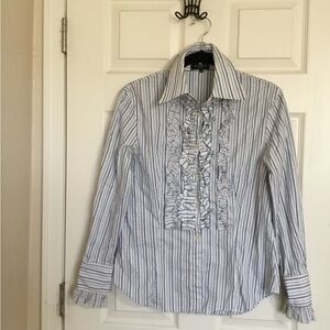 Etro Women’s Striped Button Down Blouse Blue White Size 48 Made In Italy